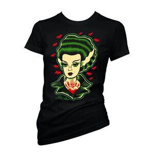 Frankenstein Bride Monsterbilly Queen Women's Black Graphic Tee - NWT